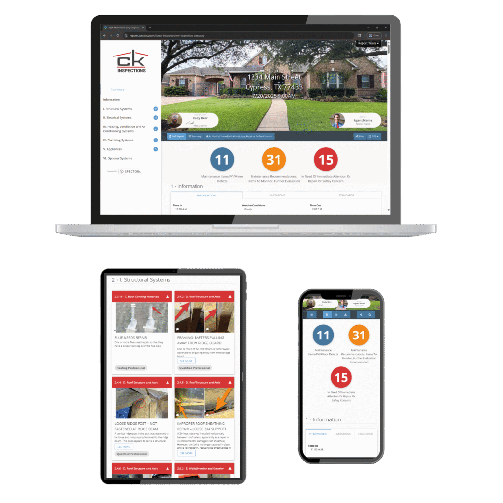 CK Inspections digital home inspection report displayed on laptop, tablet, and smartphone showing Spectora software interface with interactive findings and mobile-responsive design