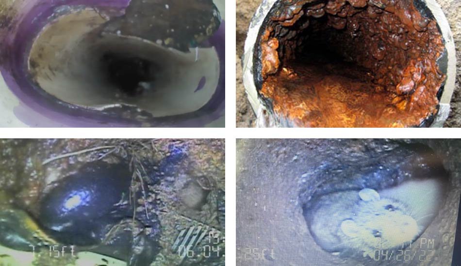 Sewer scope inspection Houston showing crushed PVC pipe cast iron damage - professional sewer line inspection by CK Inspections detecting underground plumbing issues