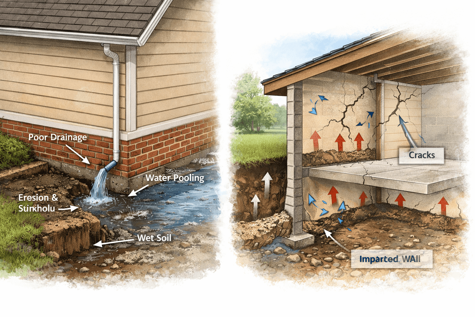 Pour drainage causing foundation damage in Houston Texas home